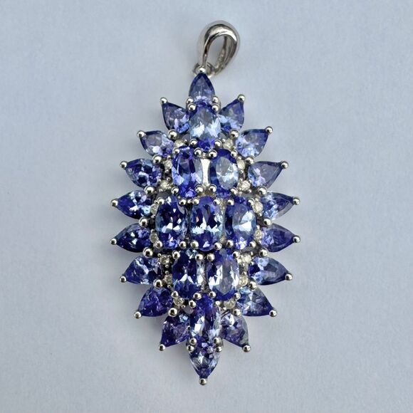 VINTAGE TANZANITE & DIAMOND Cluster Pendant Sterling Silver 925 Starburst Flower - Picture 1 of 16